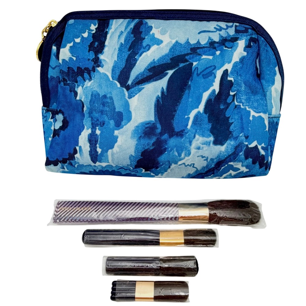 NEW Estee Lauder Blue Floral Makeup Bag and 4 Piece Brush Set Gold Logo Zipper